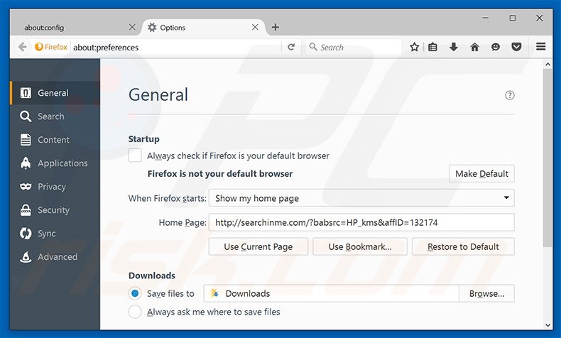 Suppression de la page d'accueil de searchinme.com dans Mozilla Firefox 