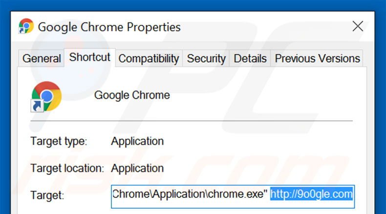 Suppression du raccourci cible de 9o0gle.com dans Google Chrome étape 2
