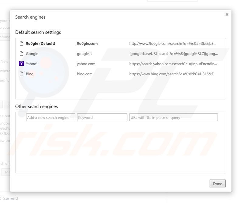Suppression du moteur de recherche par défaut de 9o0gle.com dans Google Chrome 