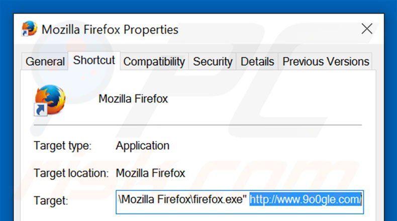 Suppression du raccourci cible de 9o0gle.com dans Mozilla Firefox étape 2