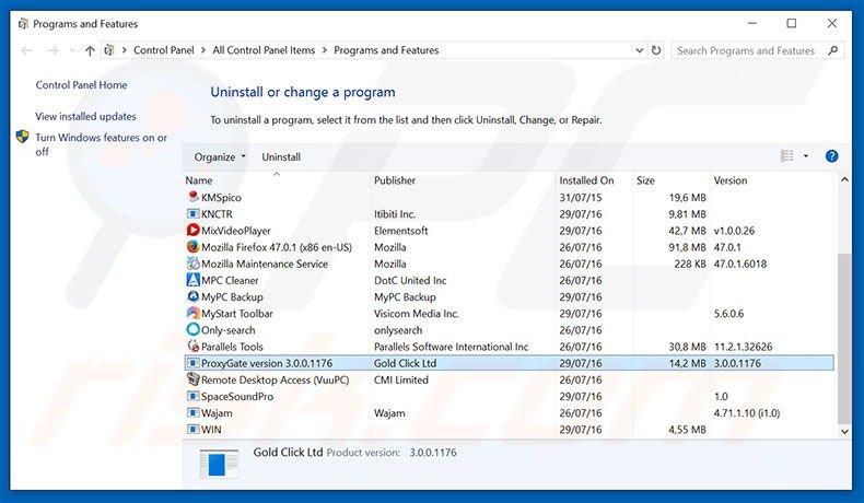 Désinstallation du logiciel de publicité ProxyGate via le Panneau de Configuration