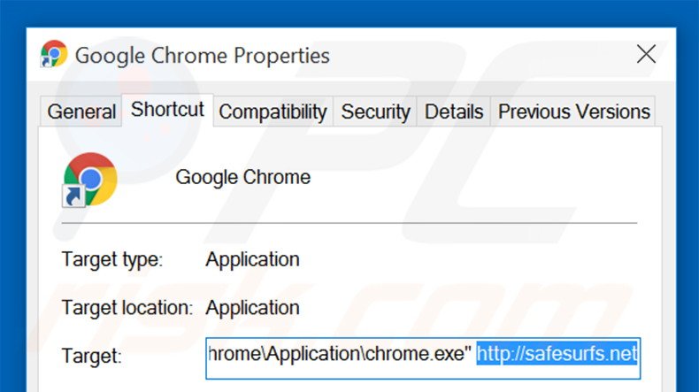 Suppression du raccourci cible de safesurfs.net dans Google Chrome étape 2