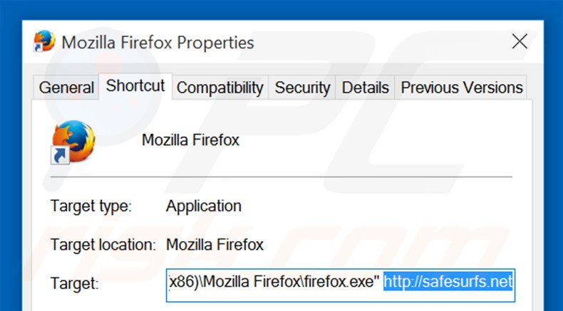 Suppression du raccourci cible de safesurfs.net dans Mozilla Firefox étape 2