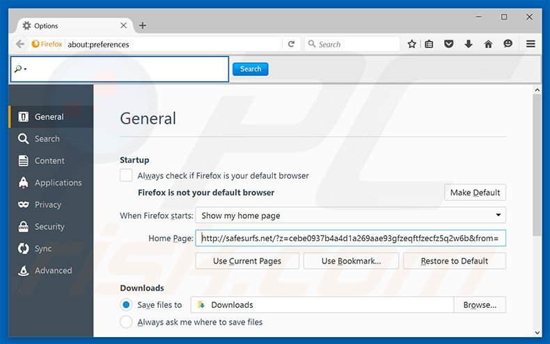 Suppression de la page d'accueil de safesurfs.net dans Mozilla Firefox 