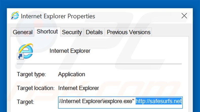 Suppression du raccourci cible de safesurfs.net dans Internet Explorer étape 2