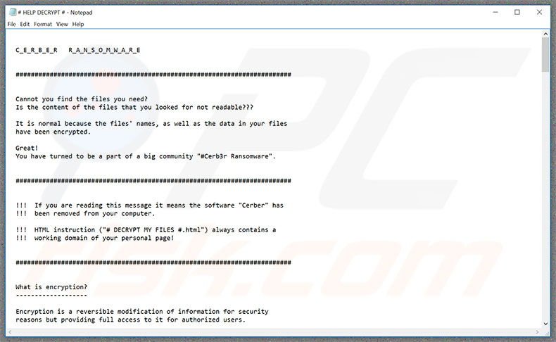 Fichier texte du rançongiciel Cerber3 