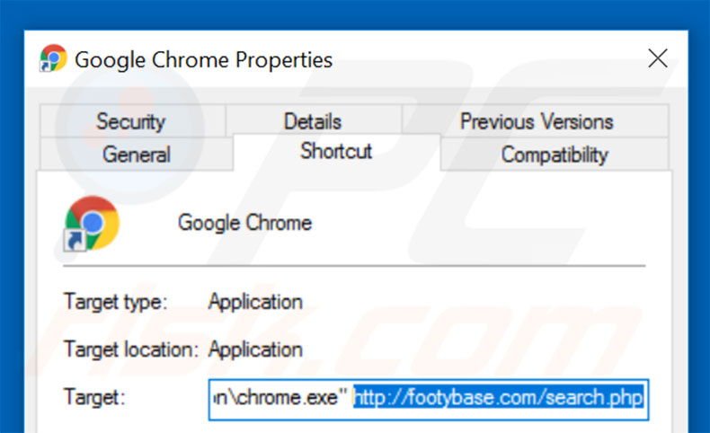Suppression du raccourci cible de footybase.com dans Google Chrome étape 2