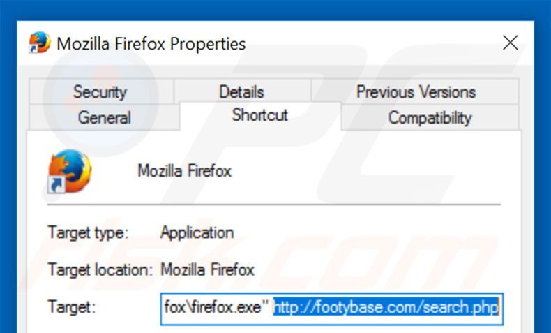 Suppression du raccourci cible de footybase.com dans Mozilla Firefox étape 2