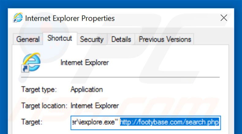 Suppression du raccourci cible de footybase.com dans Internet Explorer étape 2