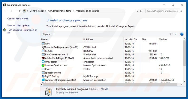 Désinstallation du pirate de navigateur footybase.com via le Panneau de Configuration