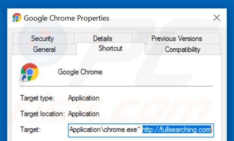 Suppression du raccourci cible de fullsearching.com dans Google Chrome étape 2