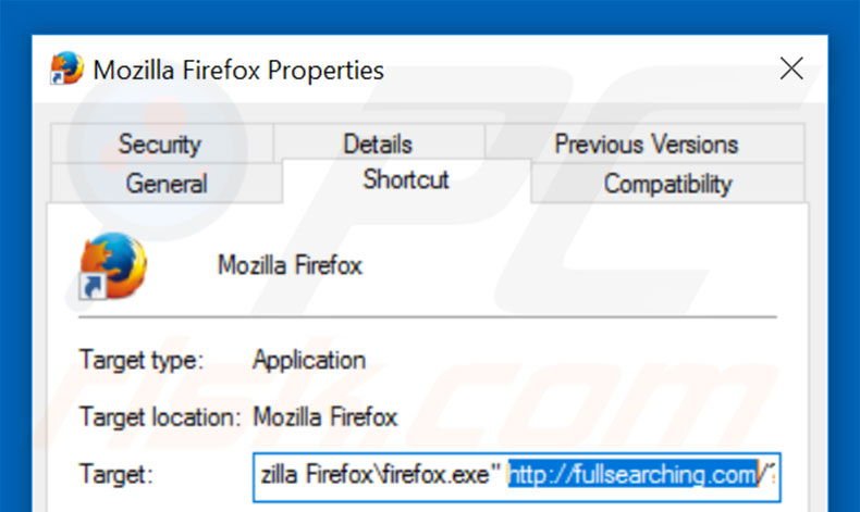 Suppression du raccourci cible de fullsearching.com dans Mozilla Firefox étape 2