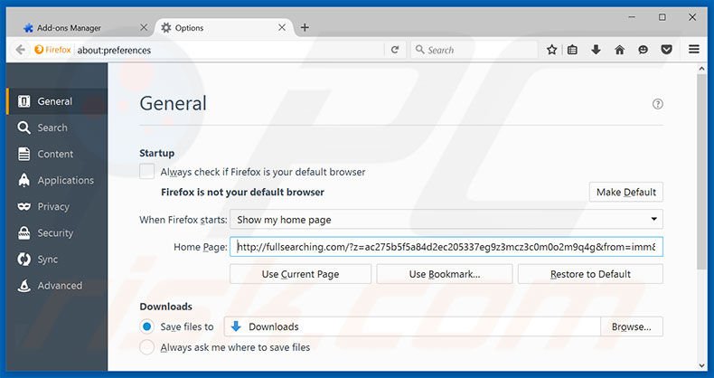 Suppression de la page d'accueil de fullsearching.com dans Mozilla Firefox 
