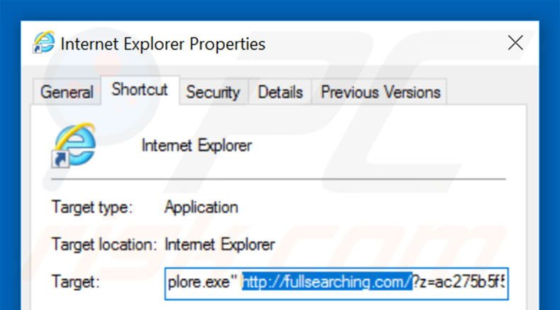 Suppression du raccourci cible de fullsearching.com dans Internet Explorer étape 2