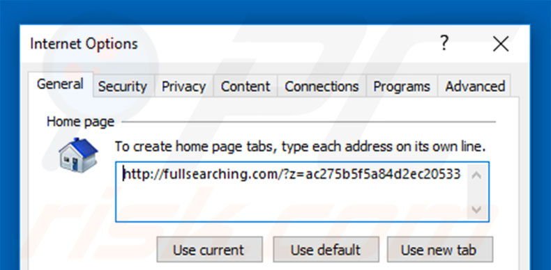 Suppression de la page d'accueil de fullsearching.com dans Internet Explorer 