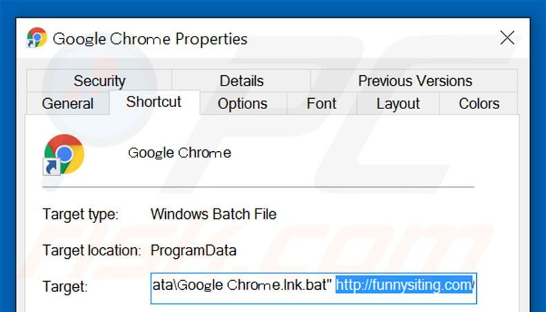 Suppression du raccourci cible de funnysiting.com dans Google Chrome étape 2