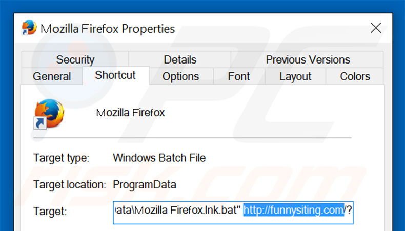 Suppression du raccourci cible de funnysiting.com dans Mozilla Firefox étape 2