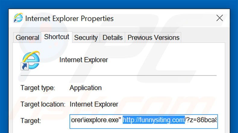 Suppression du raccourci cible de funnysiting.com dans Internet Explorer étape 2