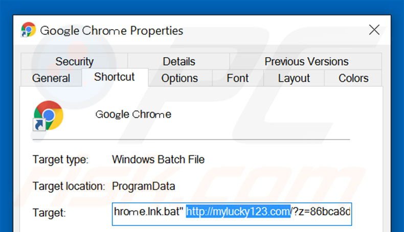 Suppression du raccourci cible de mylucky123.com dans Google Chrome étape 2