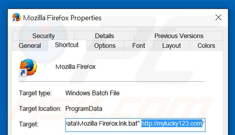 Suppression du raccourci cible de mylucky123.com dans Mozilla Firefox étape 2