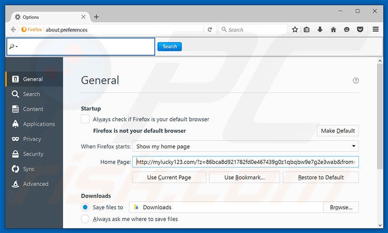 Suppression de la page d'accueil de mylucky123.com dans Mozilla Firefox