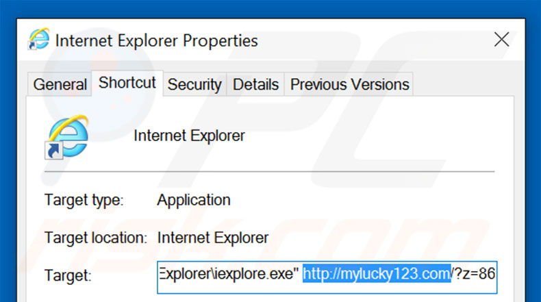 Suppression du raccourci cible de mylucky123.com dans Internet Explorer étape 2
