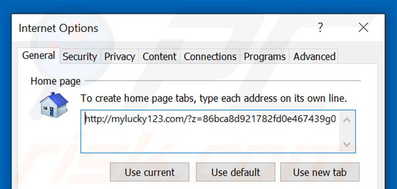 Suppression de la page d'accueil de mylucky123.com dans Internet Explorer 