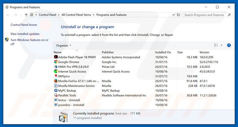 Désinstallation du pirate de navigateur mylucky123.com via le Panneau de Configuration