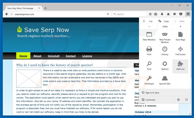 Suppression du logiciel de publicité save serp now dans Mozilla Firefox étape 1