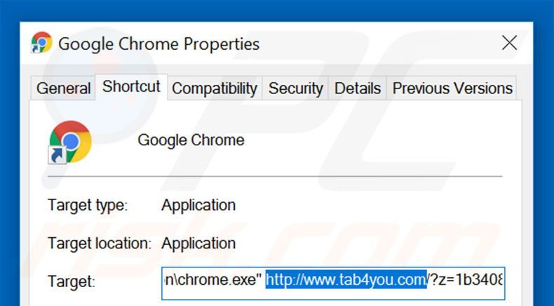 Suppression du raccourci cible de tab4you.com dans Google Chrome étape 2
