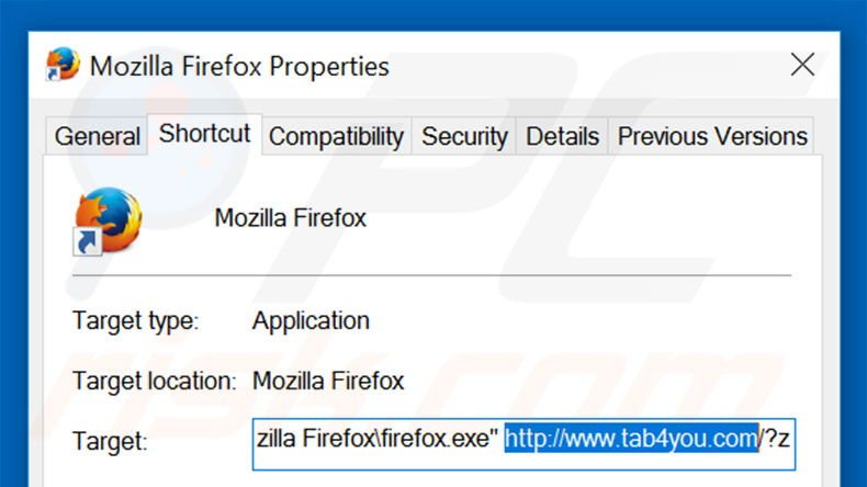 Suppression du raccourci cible de tab4you.com dans Mozilla Firefox étape 2