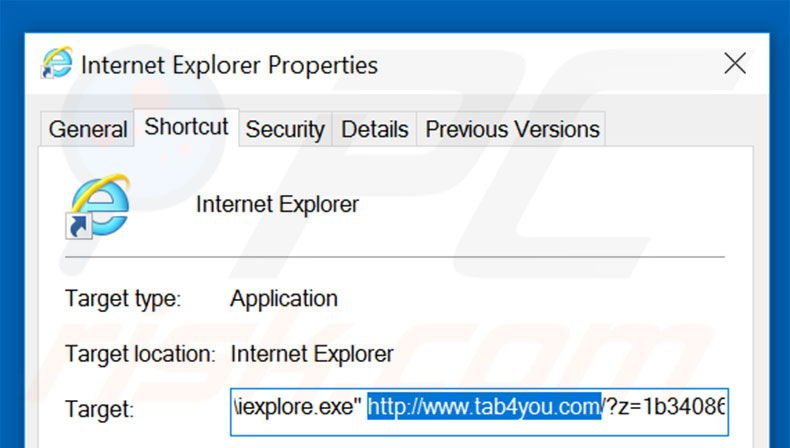 Suppression du raccourci cible de tab4you.com dans Internet Explorer étape 2