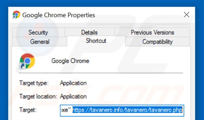 Suppression du raccourci cible de tavanero.info dans Google Chrome éyape 2