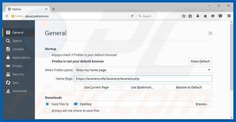 Suppression de la page d'accueil de tavanero.info dans Mozilla Firefox 
