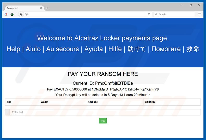 Site web du rançongiciel Alcatraz Locker 