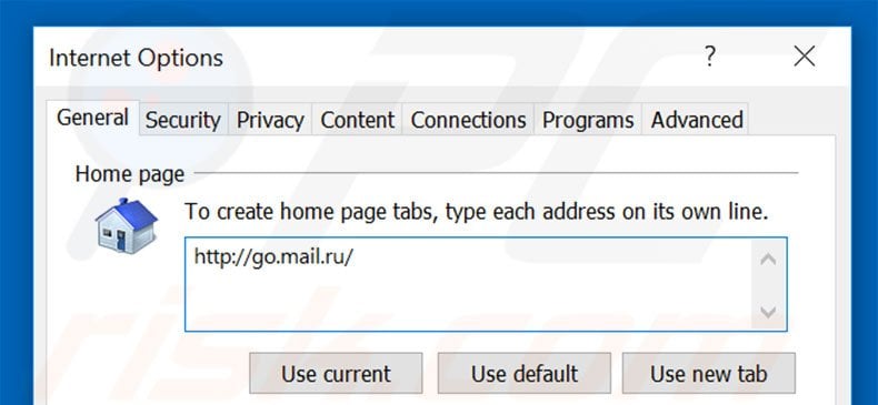 Suppression de la page d'accueil de go.mail.ru dans Internet Explorer 