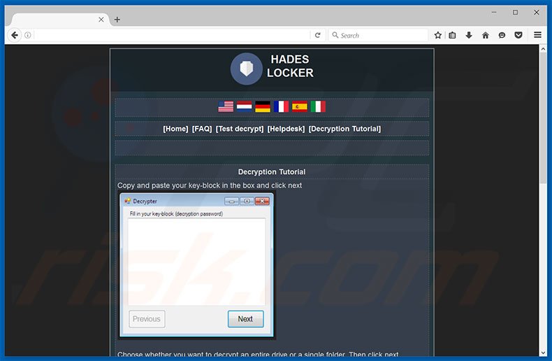 Instructions de décryptage du site web du rançongiciel Hades Locker 