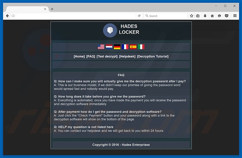 FAQ du site web du rançongiciel Hades Locker 