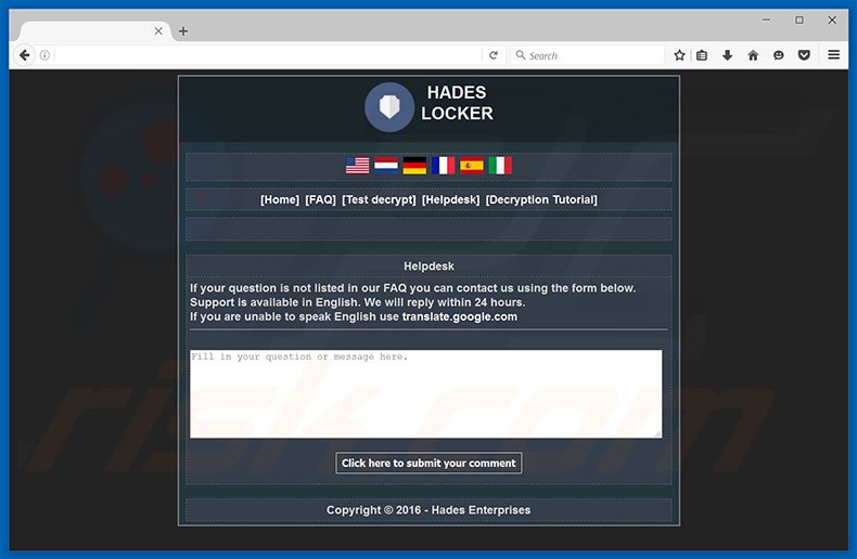 service d'assistance du site web du rançongiciel Hades Locker 