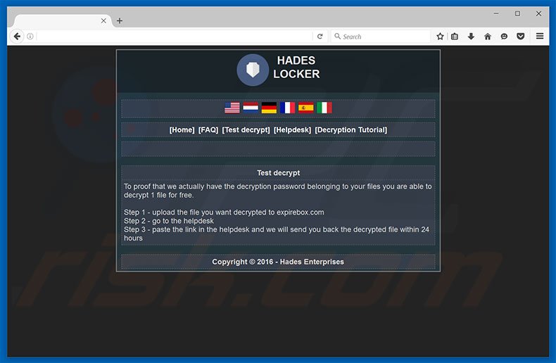 Test de décryptage du site web du rançongiciel Hades Locker