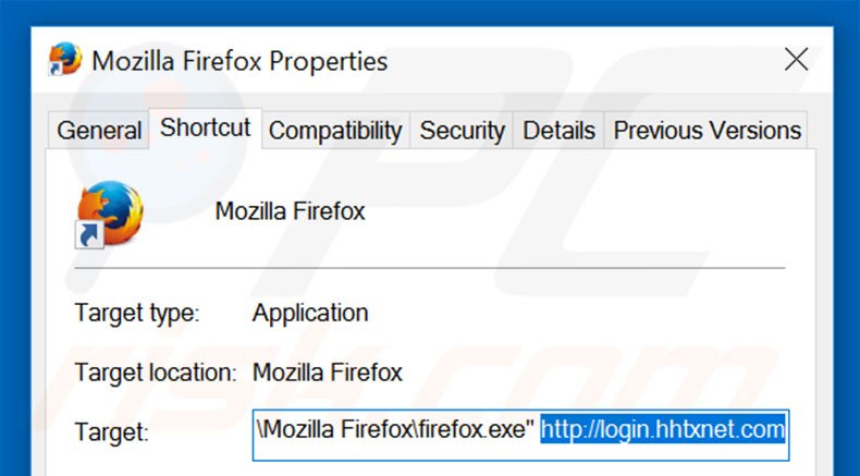 Suppression du raccourci cible de login.hhtxnet.com dans Mozilla Firefox étape 2