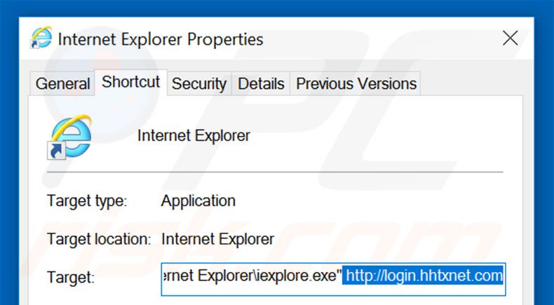 Suppression du raccourci cible de login.hhtxnet.com dans Internet Explorer étape 2