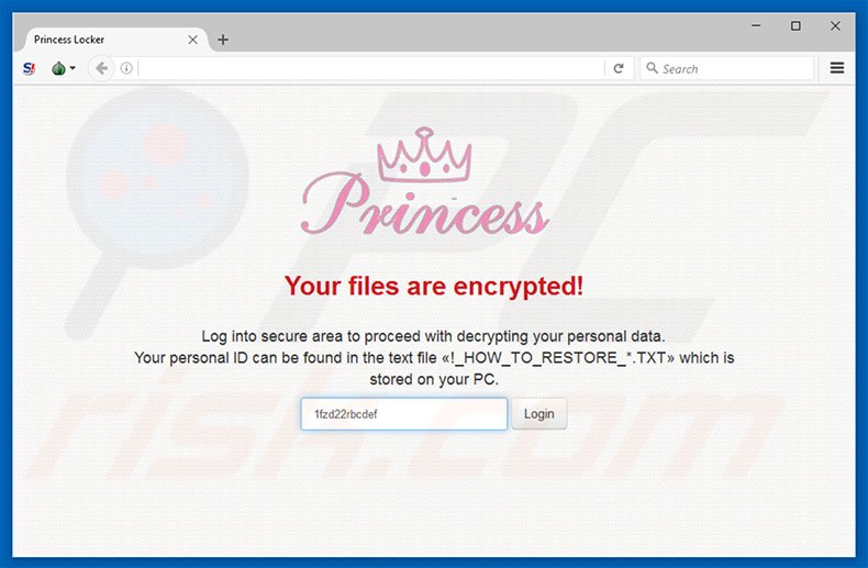 Connexion au site web du rançongiciel Princess 