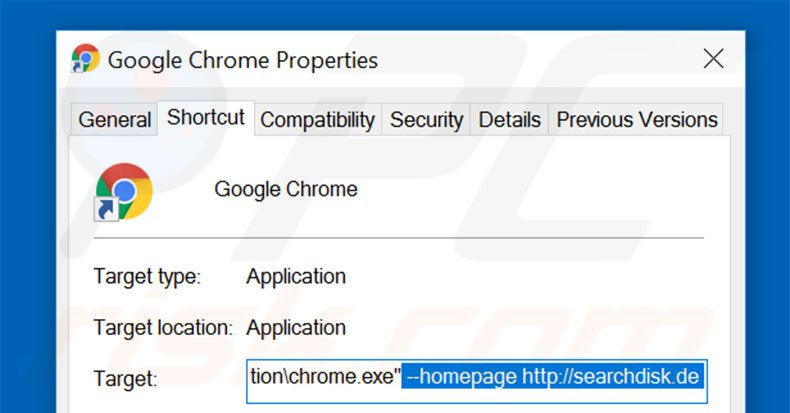 Suppression du raccourci cible de searchdisk.de dans Google Chrome étape 2