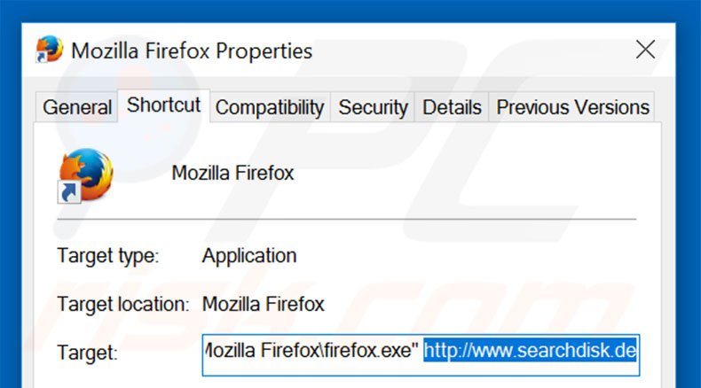 Suppression du raccourci cible de searchdisk.de dans Mozilla Firefox étape 2