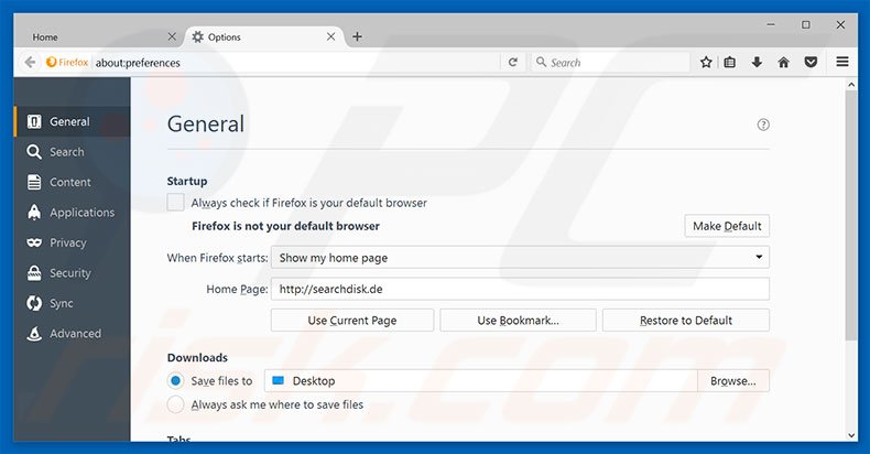 Suppression de la page d'accueil de searchdisk.de dans Mozilla Firefox 