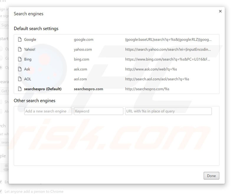 Suppression du moteur de recherche par défaut de searchespro.com dans Google Chrome 