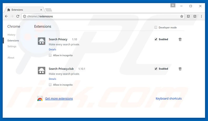 Suppression des extensions reliées à searchprivacy.co dans Google Chrome 