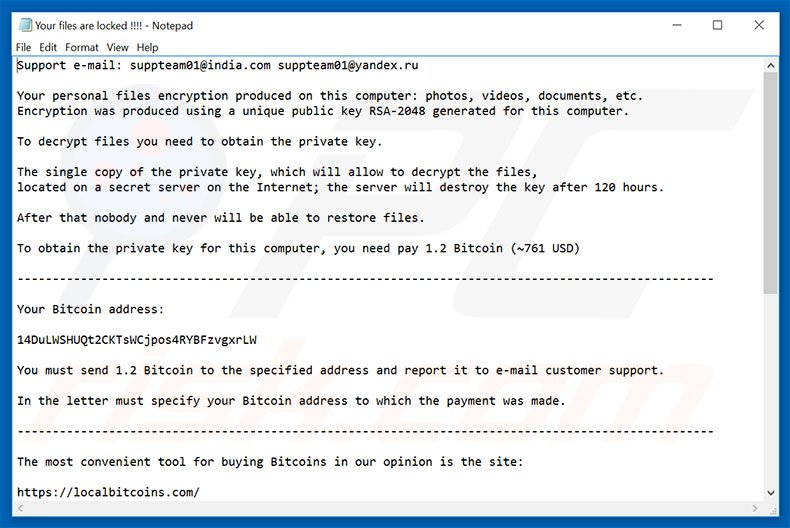 Fichier texte du rançongiciel suppteam01@india.com 