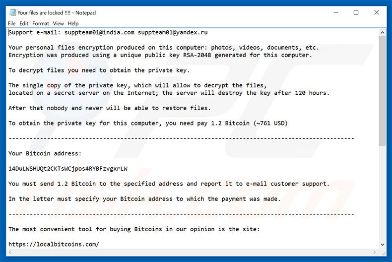 Fichier texte du rançongiciel suppteam01@india.com 